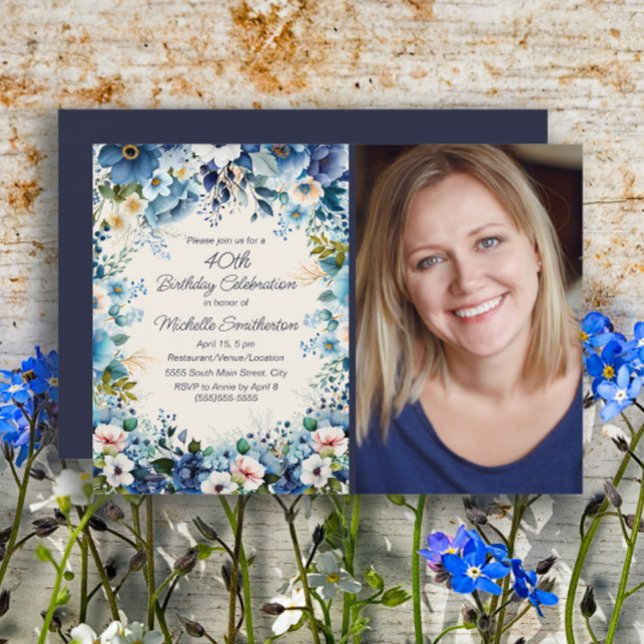 Invitation Photo de 75e anniversaire Navy Dusty Blue White Fl (Blue floral 40th birthday party photo invitation)