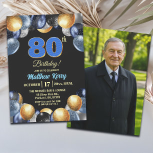 Invitation Photo de 80e anniversaire Bleu Argent Or Élégant