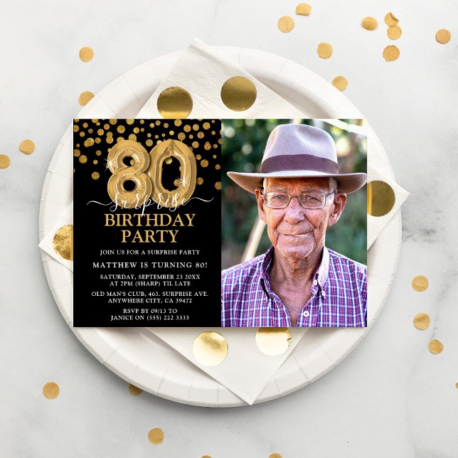 Invitation Photo de 80e anniversaire surprise moderne noir et (Créateur téléchargé)