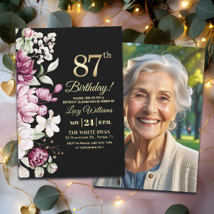 Invitation Photo de 87e anniversaire floral élégant or