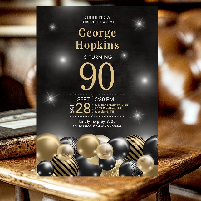 Invitation Photo de 90e anniversaire avec ballons noirs et do (Créateur téléchargé)