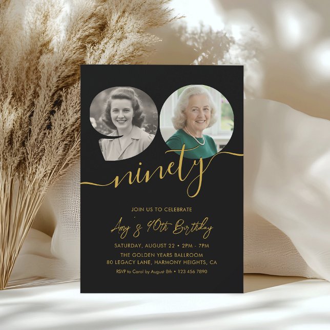 Invitation Photo de 90e anniversaire noir et or (Créateur téléchargé)