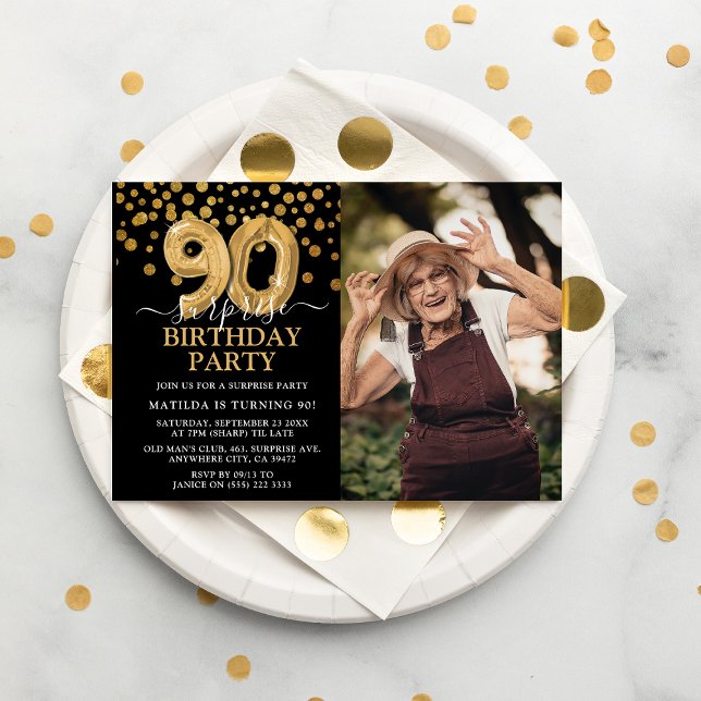 Invitation Photo de 90e anniversaire surprise noir et or mode (Créateur téléchargé)
