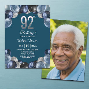 Invitation Photo de 92e anniversaire bleu élégant argenté pai