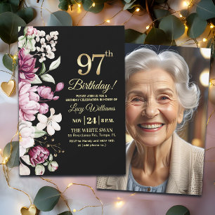 Invitation Photo de 97e anniversaire élégant floral or
