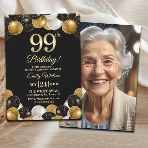 Invitation Photo de 99e anniversaire élégant noir or paillett