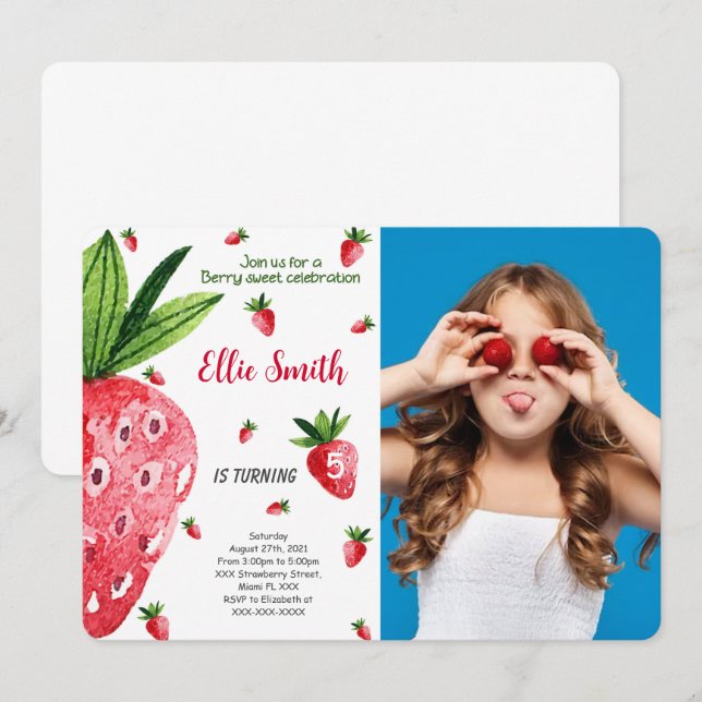Invitation photo de anniversaire de fraise modifia (Devant / Derrière)