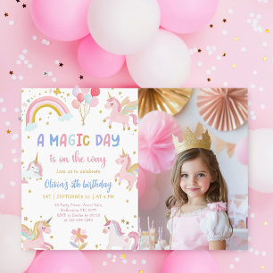 Invitation Photo de anniversaire licorne arc-en-ciel pastel m
