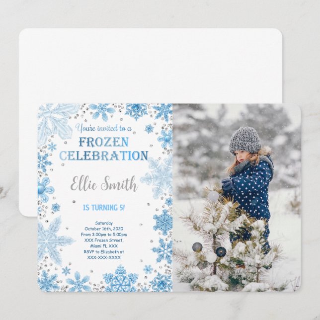 Invitation photo de anniversaire modifiable Frozen (Devant / Derrière)