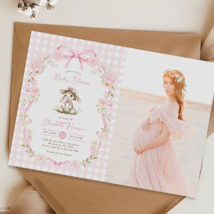 Invitation Photo de Baby Shower Bunny Rose à Ruban Gingham