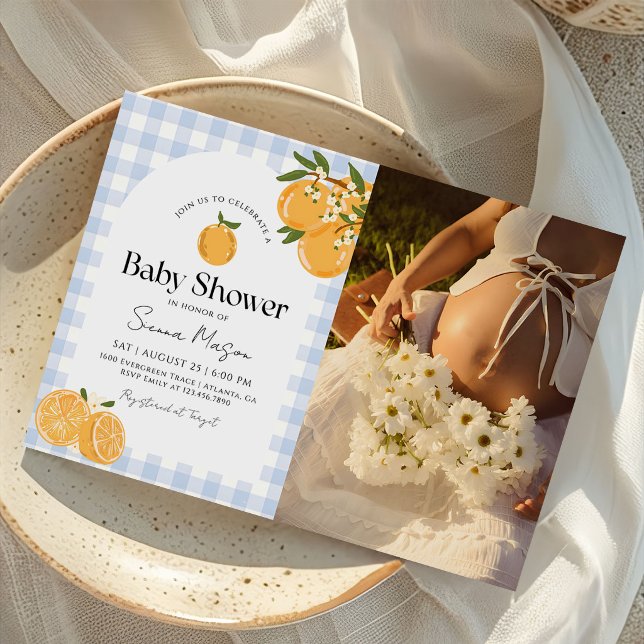 Invitation Photo de Baby Shower Citron Orange Gingham (Créateur téléchargé)