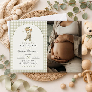 Invitation Photo de Baby Shower Garçon Golf Gingham Vert Saug