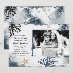 Invitation Photo de Baby Shower Marin Bleu Corail Aquarelle