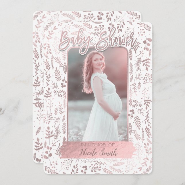 Invitation Photo de Baby Shower Moderne avec Feuille de Rose  (Devant / Derrière)