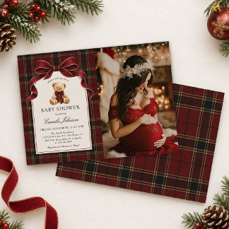Invitation Photo de Baby Shower Ourson Luxe Tartan Rouge