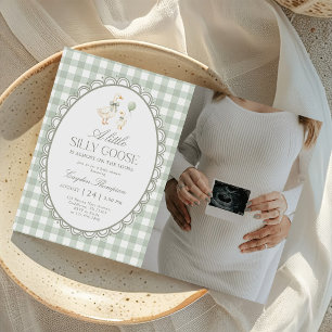 Invitation Photo de Baby Shower Sage Vert Gingham Silly Goose