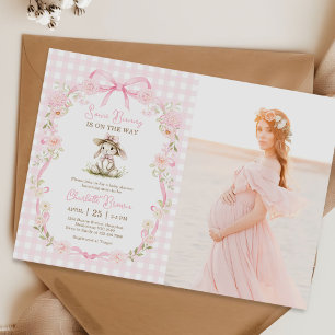 Invitation Photo de Baby Shower Some Bunny Pink Bow Gingham