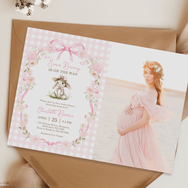 Invitation Photo de Baby Shower Some Bunny Pink Bow Gingham (Créateur téléchargé)