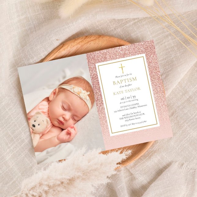 Invitation Photo de baptême au glitter or rose (Créateur téléchargé)