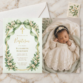 Invitation Photo de baptême botanique avec un nœud vert sauge