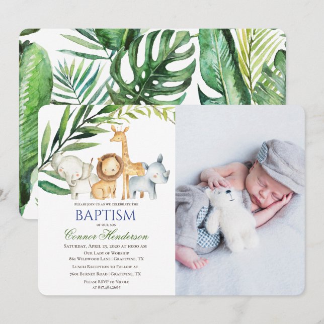 Invitation photo de baptême d'animaux de la jungle (Devant / Derrière)