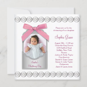 Invitation Photo de baptême de bébé fille rose blanc