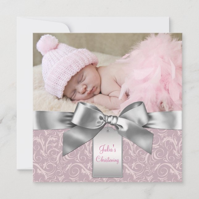 Invitation Photo de baptême de bébé fille rose et gris (Devant)