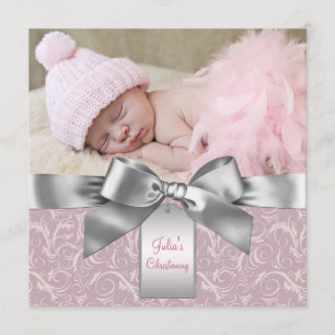Invitation Photo de baptême de bébé fille rose et gris