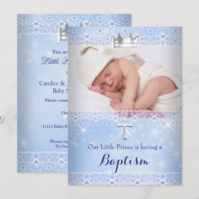 Invitation Photo de baptême de bébé garçon couronne bleue (Devant / Derrière)