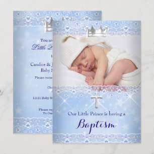 Invitation Photo de baptême de bébé garçon couronne bleue
