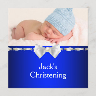 Invitation Photo de baptême de bébé garçon en bleu marine bla