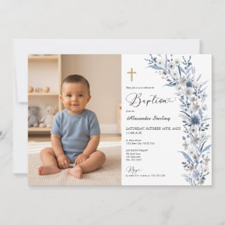 Invitation Photo de baptême de garçon aux fleurs sauvages ble