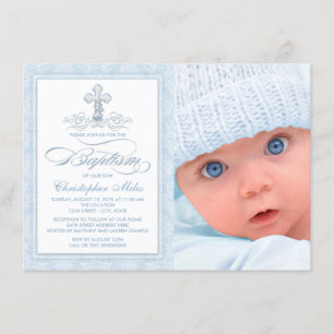 Invitation Photo de baptême de garçon avec croix en damas ble