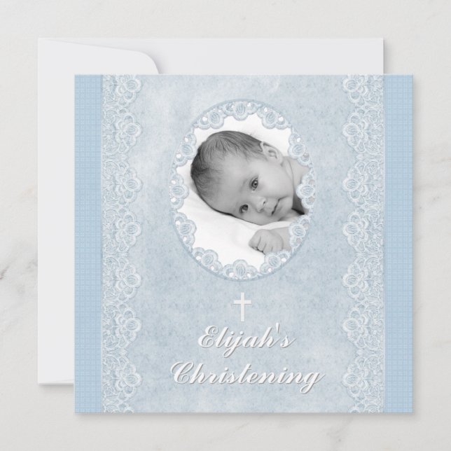 Invitation Photo de baptême de garçon blanc Baby Blue (Devant)