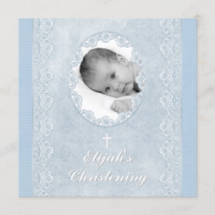 Invitation Photo de baptême de garçon blanc Baby Blue