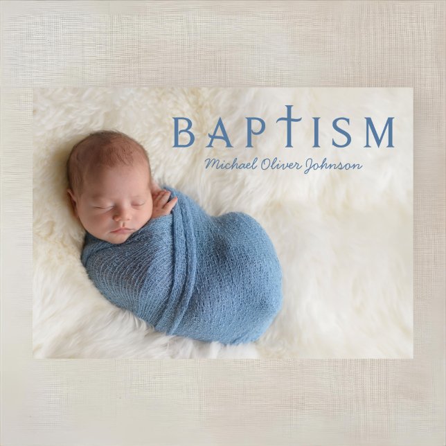 Invitation Photo de baptême de garçon bleu moderne (1 Photo Elegant Religious Blue Boy Baptism Invitation)