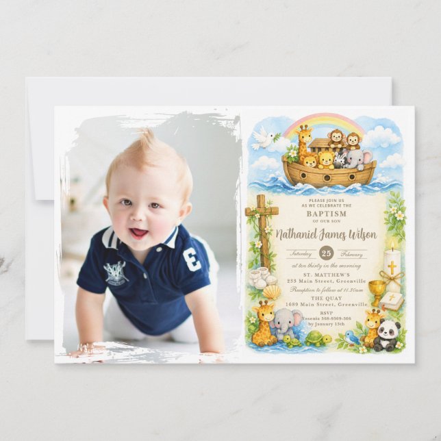 Invitation photo de baptême de l'arche de Noé pour (Devant)