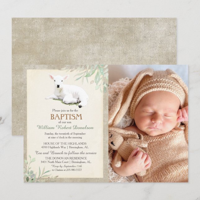 Invitation photo de baptême de Petit Agneau (Devant / Derrière)