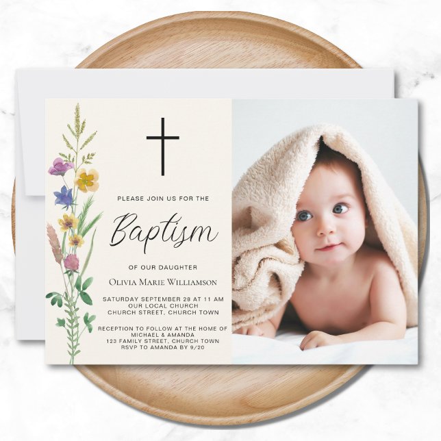 Invitation Photo de baptême floral sauvage (Créateur téléchargé)