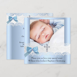 Invitation Photo de baptême garçon bleu blanc dentelle bijou