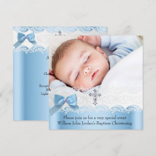 Invitation Photo de baptême garçon bleu blanc dentelle bijou