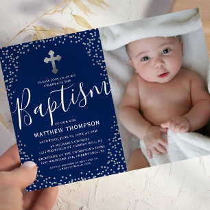Invitation Photo de baptême garçon paillettes bleu argenté