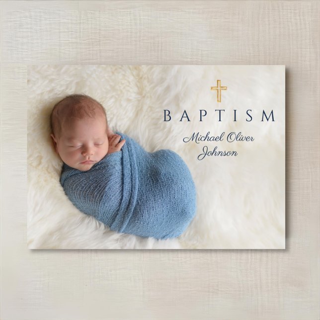 Invitation Photo de baptême moderne garçon croix religieuse b (Modern Blue Religious Cross Boy Baptism Photo Invitation)