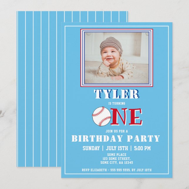 Invitation Photo de baseball de garçon bleu mignon pour 1er a (Devant / Derrière)