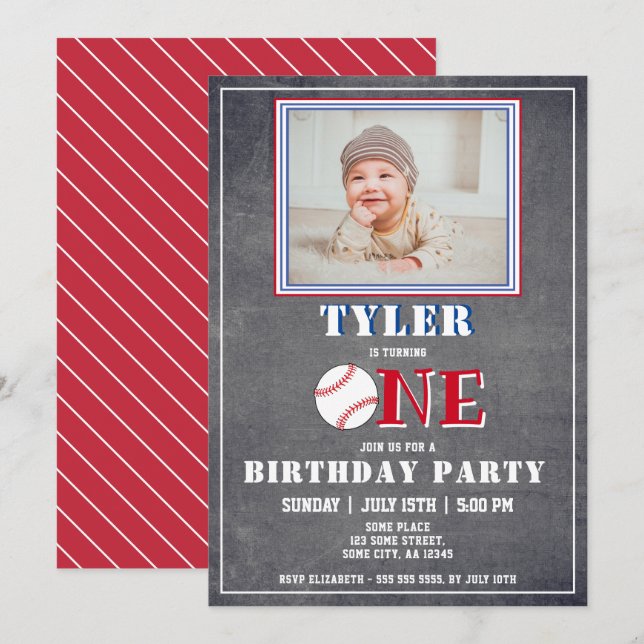 Invitation Photo de baseball sur tableau noir pour 1er annive (Devant / Derrière)
