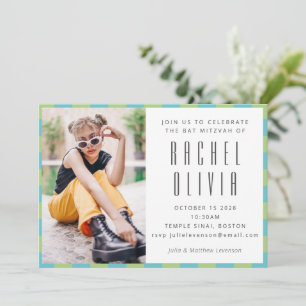 Invitation Photo de Bat Mitzvah à carreaux rétro bleu vert 