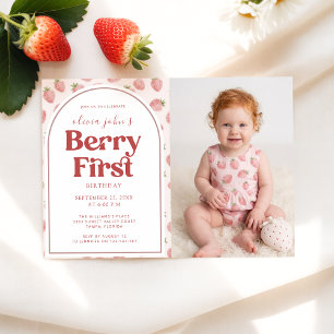 Invitation Photo de Bébé Fille Fraise Baie Premier Anniversai