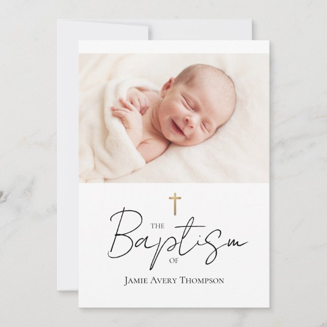 Invitation Photo de bébé personnalisée Baptême Gold cross Chi (Devant)