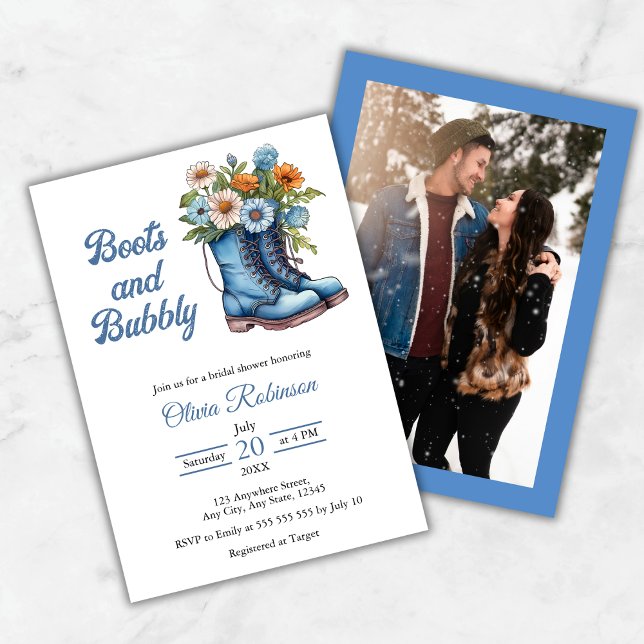 Invitation Photo de bottes occidentales bleues et douche de m (Photo Western Blue Boots & Bubbly Bridal Shower Invitation )