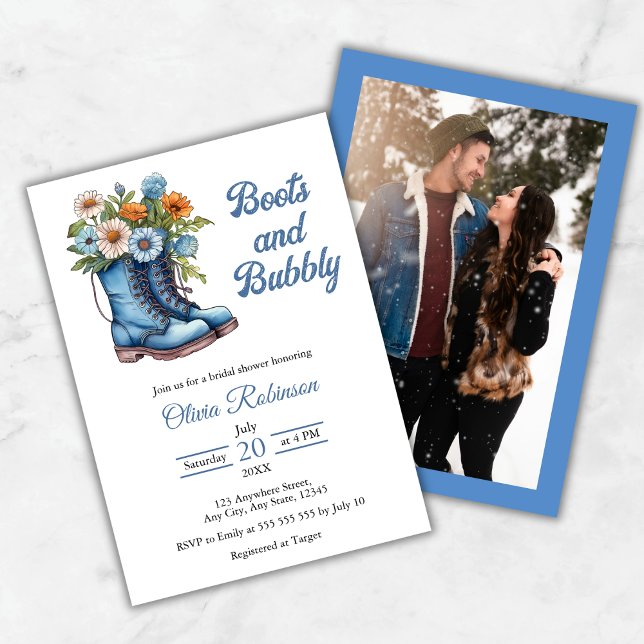 Invitation Photo de bottes occidentales bleues et douche de m (Photo Western Blue Boots & Bubbly Bridal Shower Invitation   )